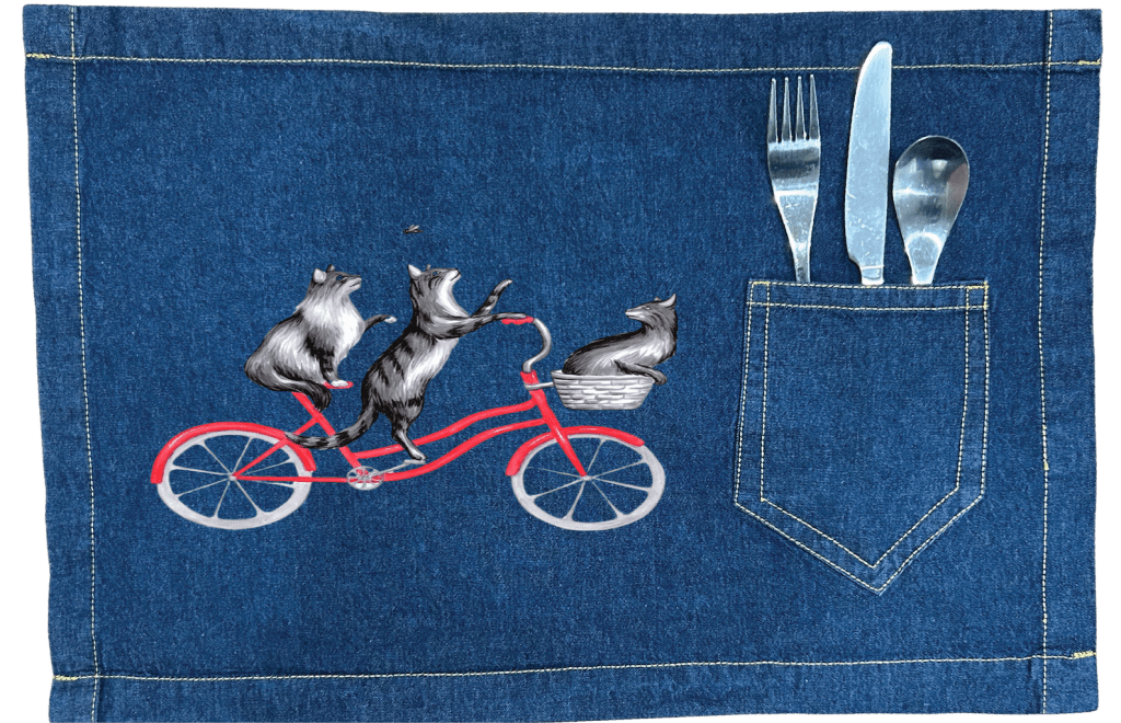 CATS RIDING A BICYCLE by Amélie Legault. custom denim jacket by DenimINK