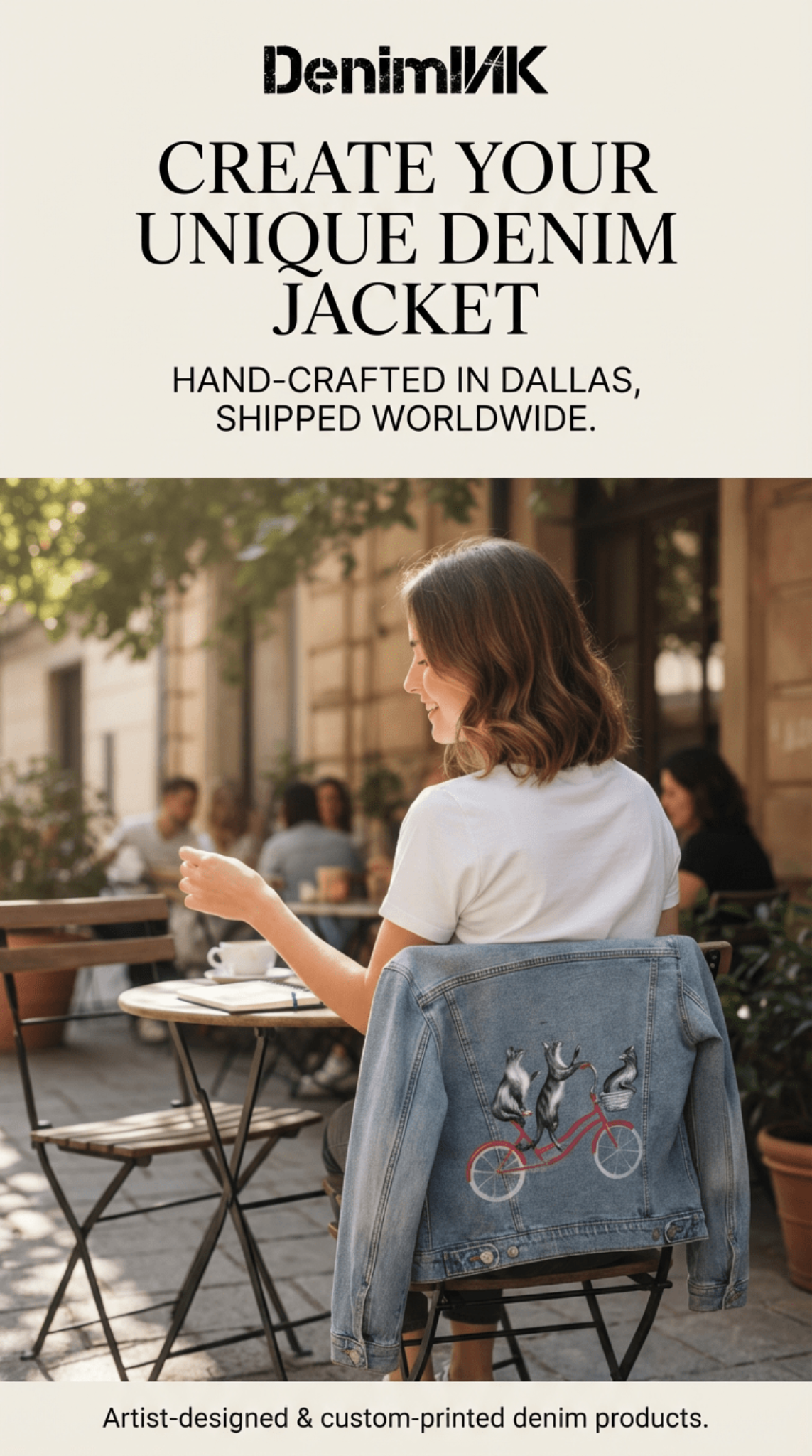 rear three-quarter view of a model seated at an outdoor café table with a stonewash denim jacket draped over the chair, featuring “Cats Riding a Bicycle” by Amélie Legault on the back. three gray cats ride a red bicycle. visible text reads “DenimINK,” “Create Your Unique Denim Jacket,” “Hand-crafted in Dallas, Shipped Worldwide,” and “Artist-designed &amp; custom-printed denim products.”