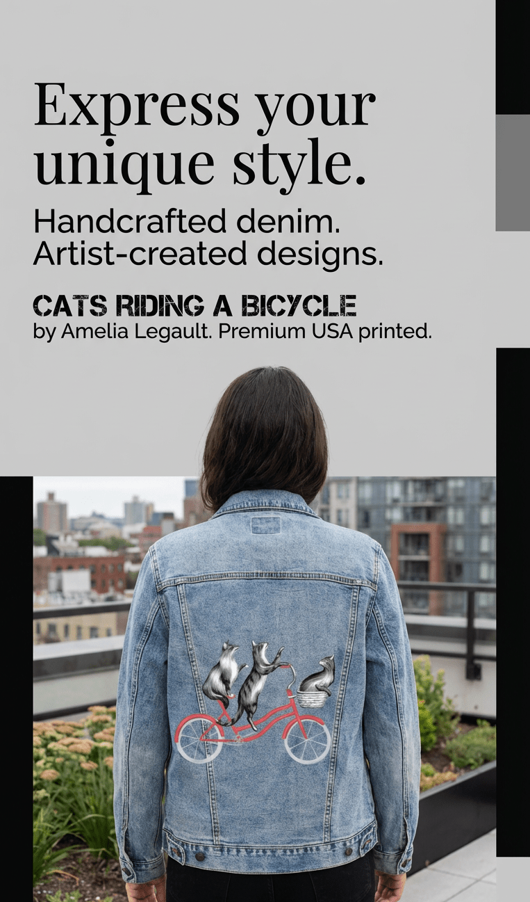 back view of a model standing on a rooftop overlooking city buildings, wearing a stonewash denim jacket with “Cats Riding a Bicycle” by Amélie Legault printed on the back by DenimINK. three gray cats ride a red bicycle. large text overlay reads “Express your unique style,” “Handcrafted denim,” “Artist-created designs,” and “Cats Riding a Bicycle by Amelia Legault. Premium USA printed.”