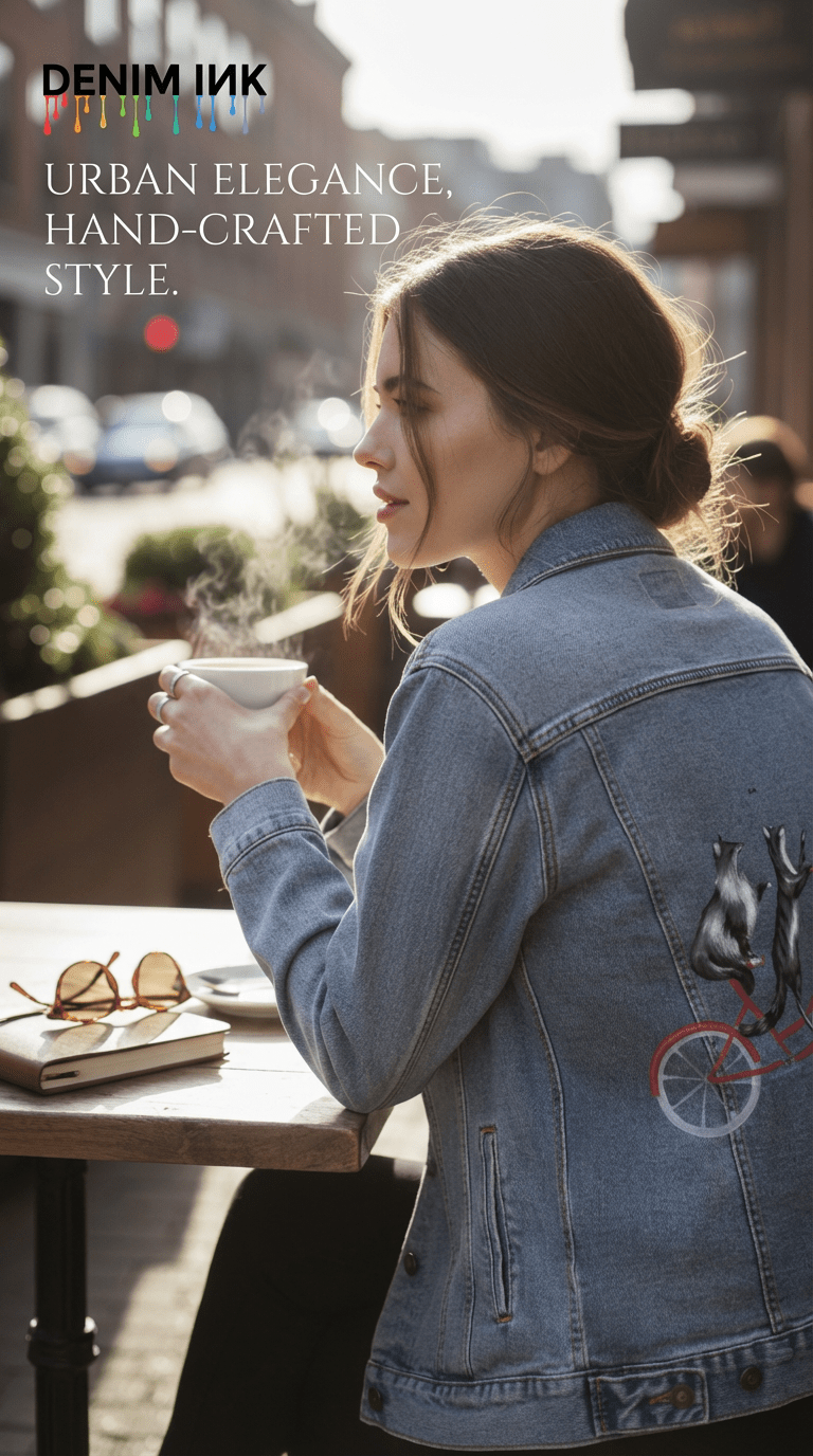side and back view of a model seated at an outdoor café table, holding a steaming cup of coffee while wearing a stonewash denim jacket featuring “Cats Riding a Bicycle” by Amélie Legault on the back, printed by DenimINK. three gray cats ride a red bicycle. morning light glows across the street, sunglasses and a notebook rest on the table, and overlay text reads “Urban Elegance, Hand-Crafted Style.”