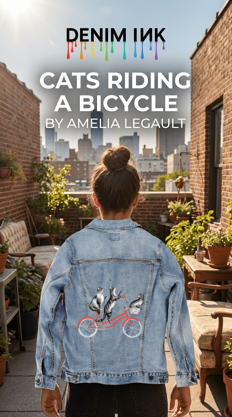 back view of a model standing on a sunlit urban rooftop garden wearing a stonewash denim jacket featuring the artwork “Cats Riding a Bicycle” by Amélie Legault, printed on the back panel by DenimINK. three gray cats ride a red bicycle. brick walls, potted plants, and a city skyline surround the scene. overlay text reads “DENIM INK,” “CATS RIDING A BICYCLE,” and “BY AMELIA LEGAULT.”
