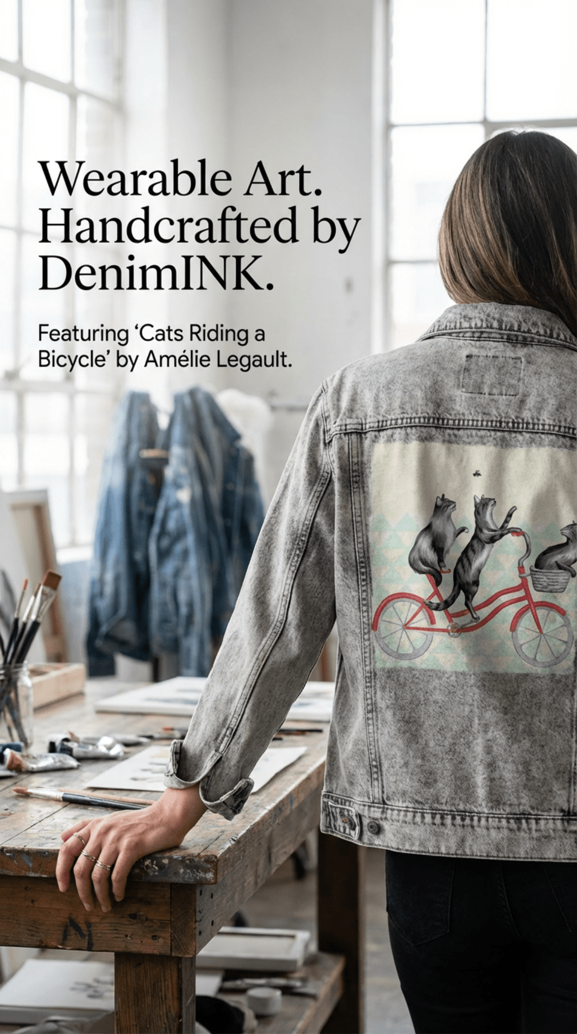 back view of a model standing in an artist studio wearing a stonewash denim jacket featuring “Cats Riding a Bicycle” by Amélie Legault, printed on the back by DenimINK. three gray cats ride a red bicycle against a patterned backdrop. surrounding text reads “Wearable Art. Handcrafted by DenimINK.” and “Featuring ‘Cats Riding a Bicycle’ by Amélie Legault.” paintbrushes, tools, and jackets fill the workspace.