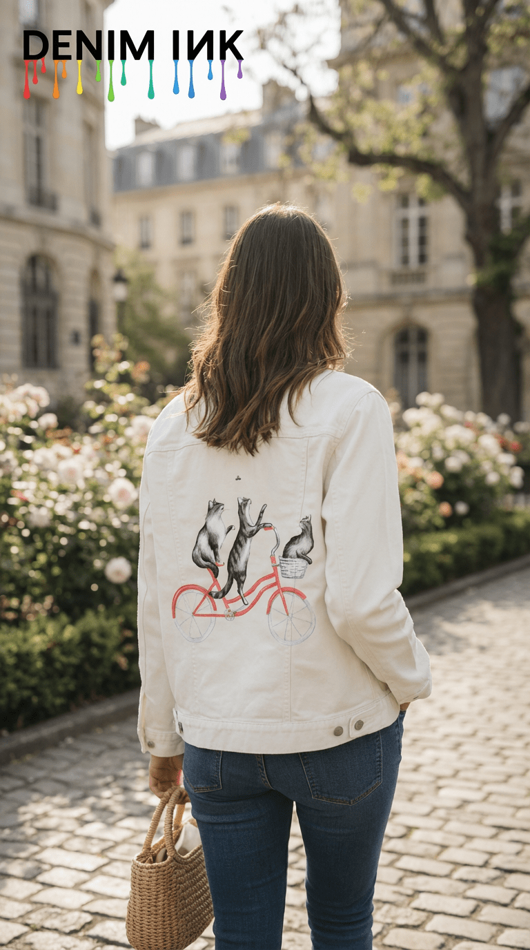 back view of a model walking along a cobblestone street bordered by blooming rose bushes, wearing a white denim jacket featuring the artwork “Cats Riding a Bicycle” by Amélie Legault, digitally printed on the back panel by DenimINK. three gray cats ride a red bicycle. sunlight filters through trees, historic buildings rise softly ahead, and the model carries a woven straw bag as spring air and flowers fill the scene.