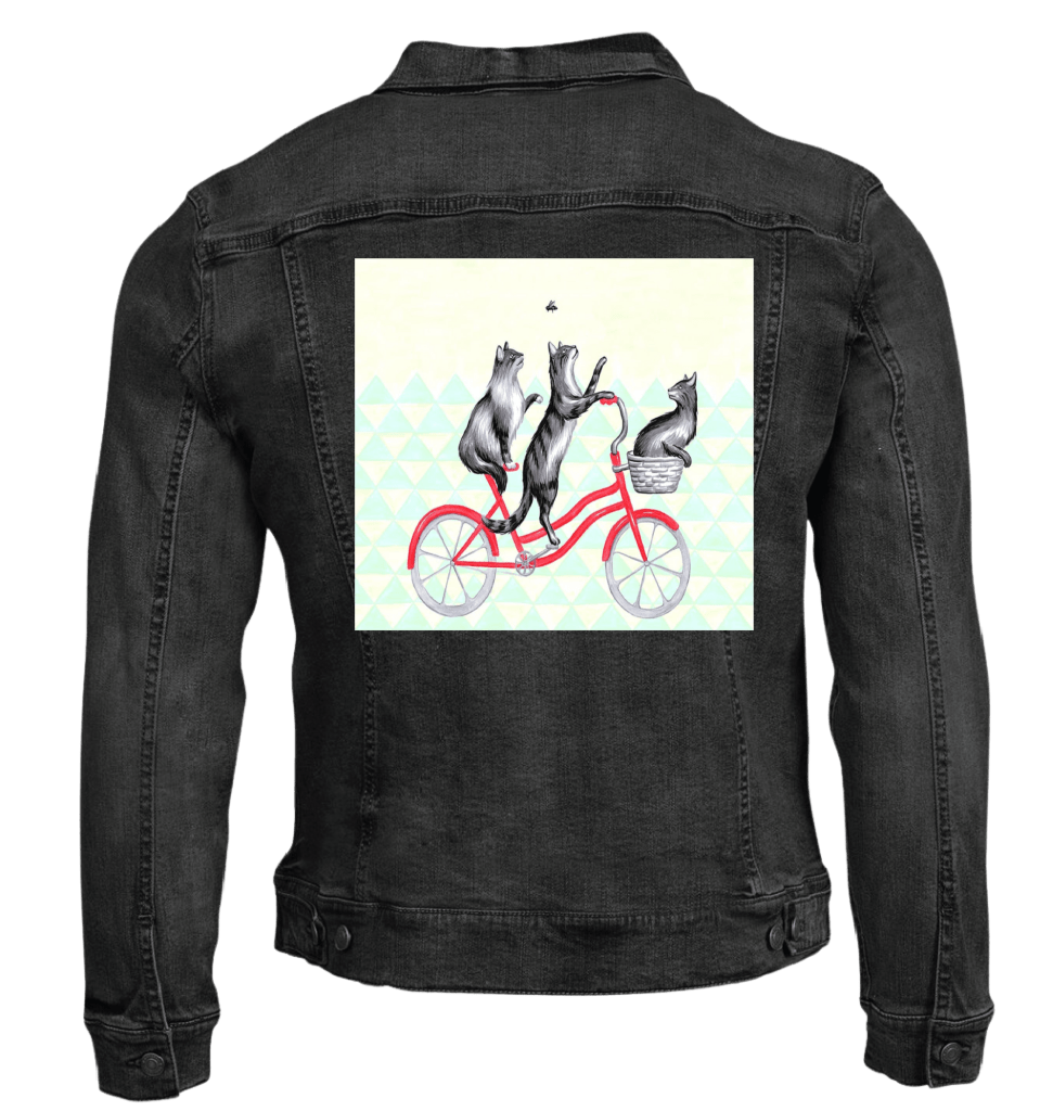 CATS RIDING A BICYCLE with background by Amélie Legault custom denim jacket by DenimINK