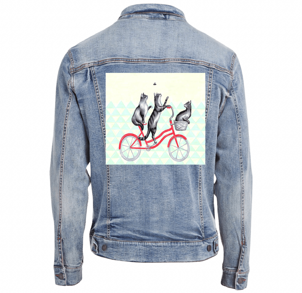 CATS RIDING A BICYCLE with background by Amélie Legault custom denim jacket by DenimINK