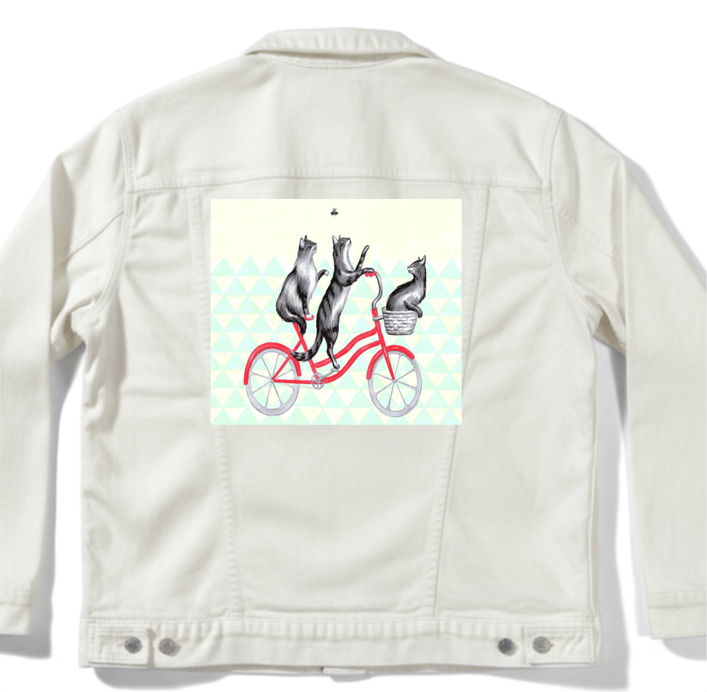 CATS RIDING A BICYCLE with background by Amélie Legault custom denim jacket by DenimINK