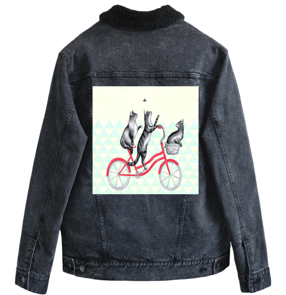 CATS RIDING A BICYCLE with background by Amélie Legault custom denim jacket by DenimINK