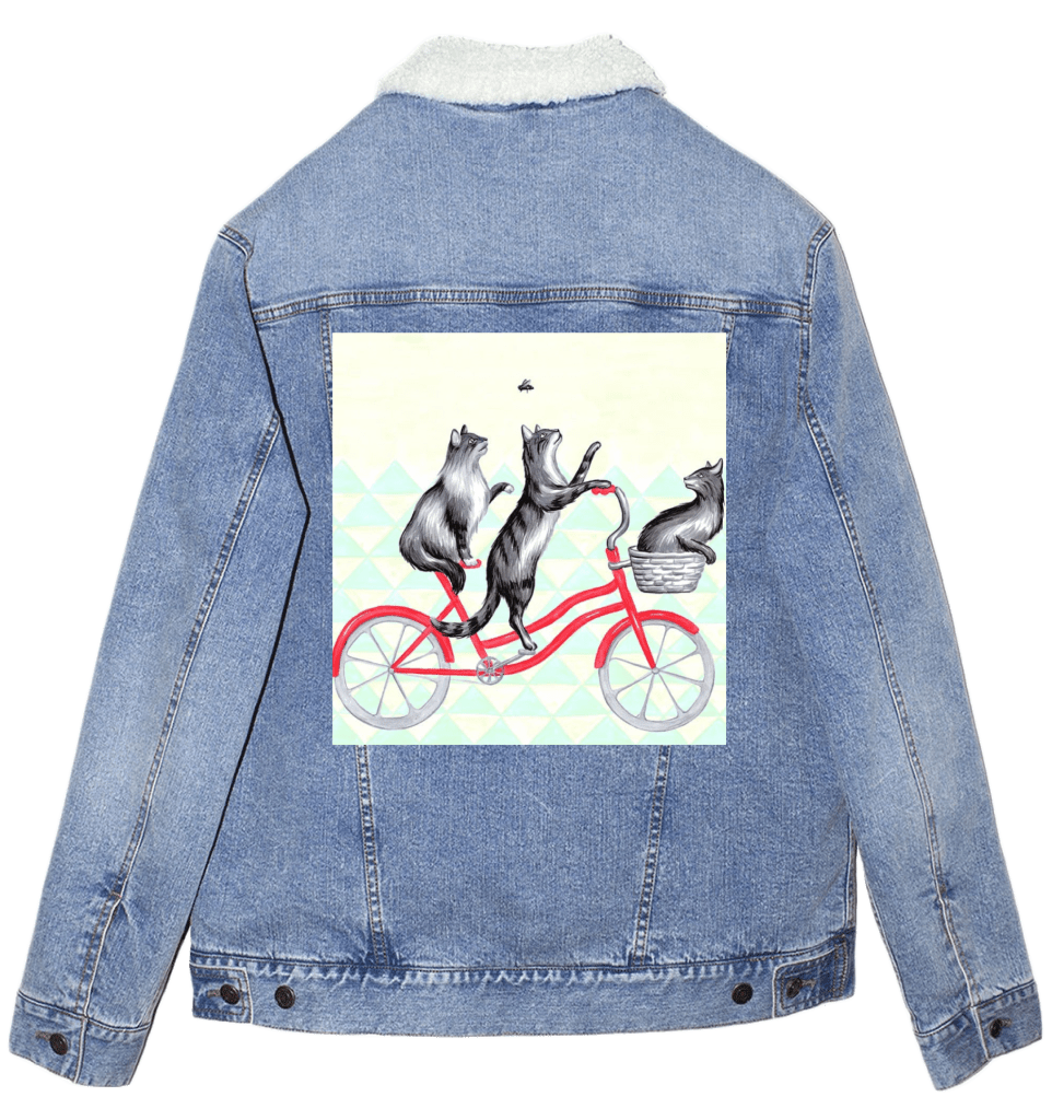 CATS RIDING A BICYCLE with background by Amélie Legault custom denim jacket by DenimINK