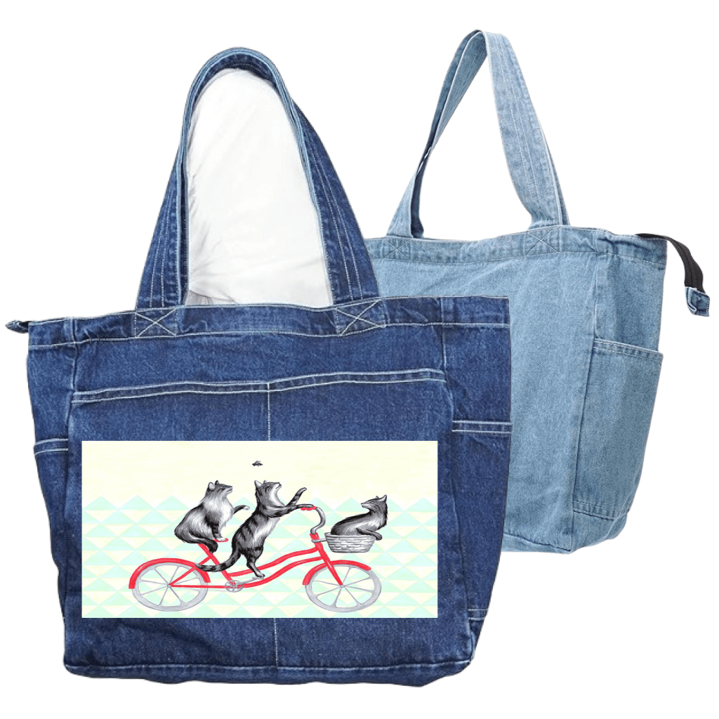 CATS RIDING A BICYCLE with background by Amélie Legault custom denim jacket by DenimINK