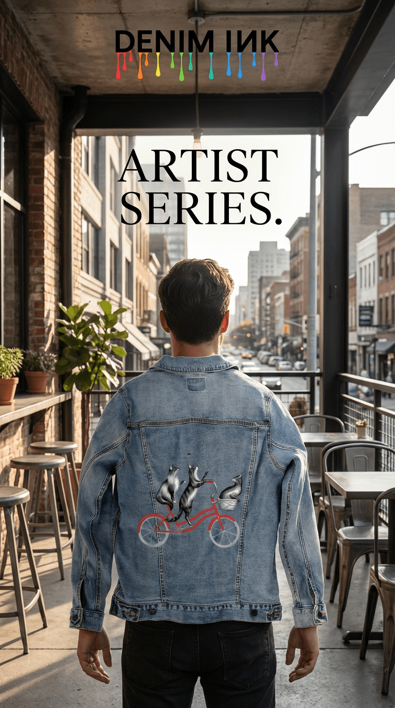 back view of a model standing on an urban balcony overlooking a busy city street, wearing a stonewash denim jacket featuring “Cats Riding a Bicycle” by Amélie Legault printed on the back by DenimINK. three gray cats ride a red bicycle. metal café chairs and tables surround the scene, brick buildings frame the view, and bold overlay text reads “DENIM INK” and “ARTIST SERIES.”
