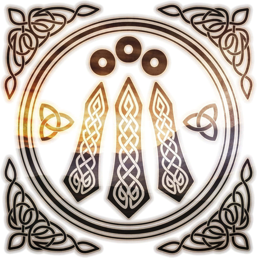 Illustration of a Celtic Awen symbol inside a double-ring circle, featuring three vertical knotwork lines beneath three circles, surrounded by an ornate circular border with interlaced knot patterns and three tall pointed pillars filled with intricate interlaced knotwork and three small round dots above. Four ornate corner knot designs frame the circle, with small triquetra-style knots on the left and right. . this artwork is titled “Celtic Awen” and created by Brigid Ashwood