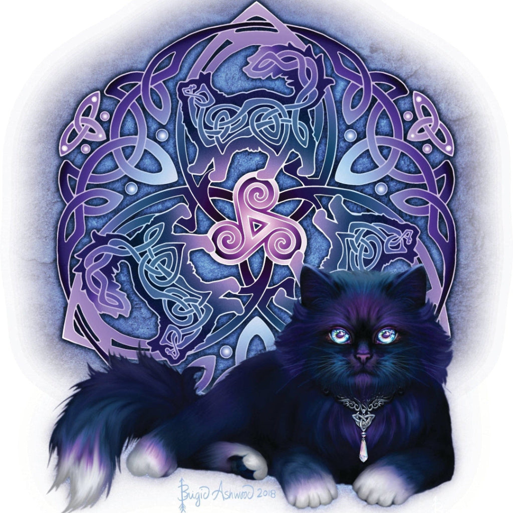 illustration of a deep indigo-black long-haired cat lying calmly in the foreground with luminous blue-violet eyes and a silver triquetra pendant at its chest. behind the cat is a circular Celtic knot design in layered lavender, violet, and blue tones, featuring interlaced triquetra forms and animal motifs arranged symmetrically around a central triskelion. a soft halo glow surrounds the symbol on a pale background. this artwork is titled “Celtic Black Fluffy Cat” and created by Brigid Ashwood