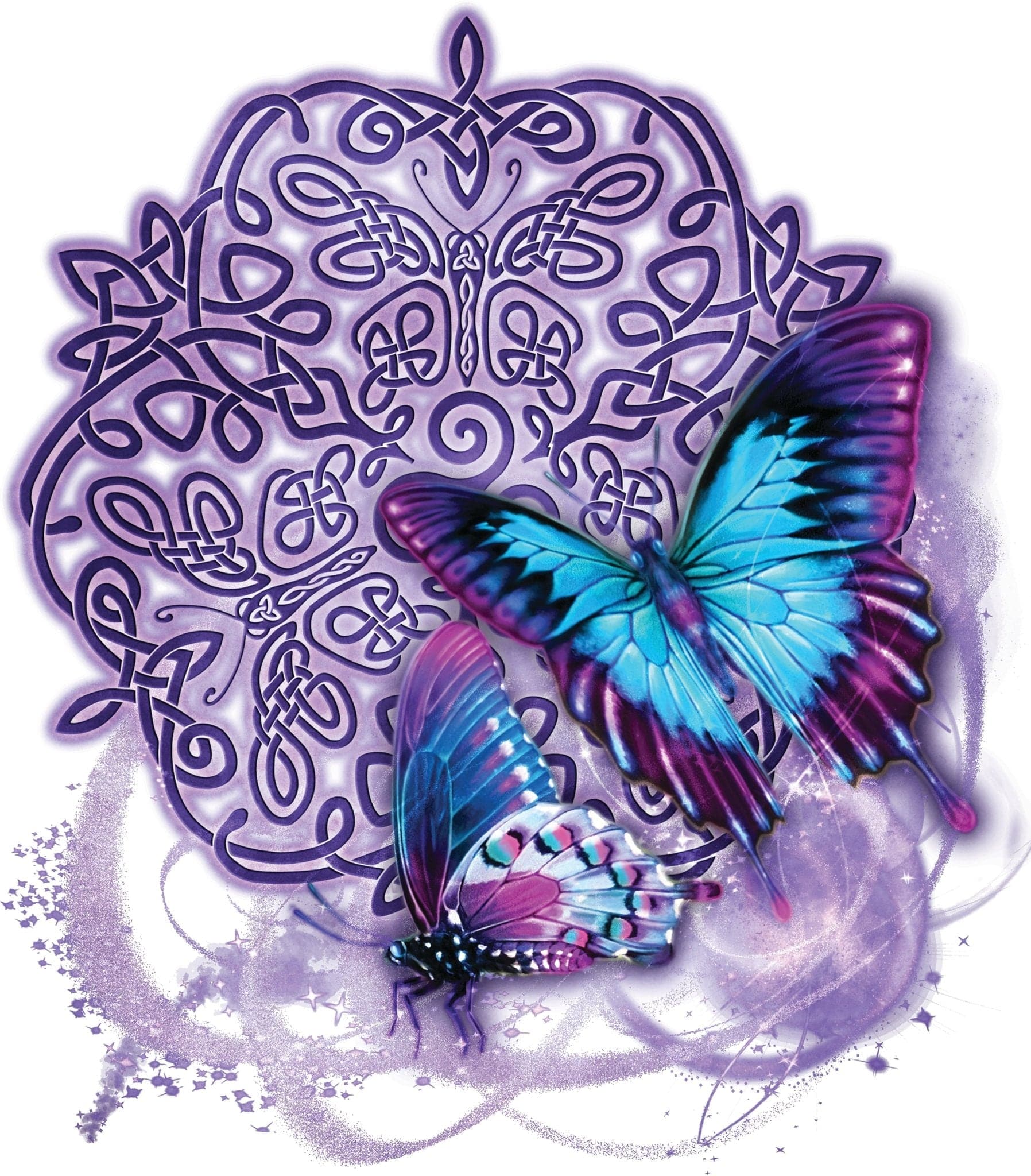 illustration of two vibrant butterflies in shades of blue, purple, and pink set against a detailed Celtic knotwork mandala in soft violet tones, with stylized butterfly figures woven into the knot pattern. swirling paint textures and delicate knot motifs surround the wings. this artwork is titled “Celtic Butterfly” and created by artist Brigid Ashwood