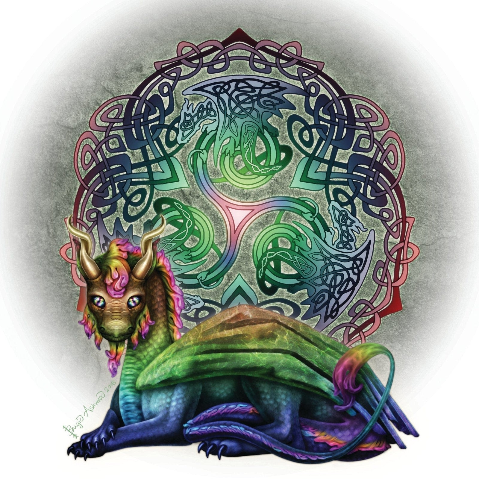 illustration of a vibrant, multicolored dragon reclining with its wings folded, set in front of an intricate Celtic knotwork mandala rendered in green, blue, and violet tones. stylized dragon figures are woven into the knot design behind the main dragon, forming a circular pattern with layered triskelion elements. this artwork is titled “Celtic Dragon” and created by artist Brigid Ashwood