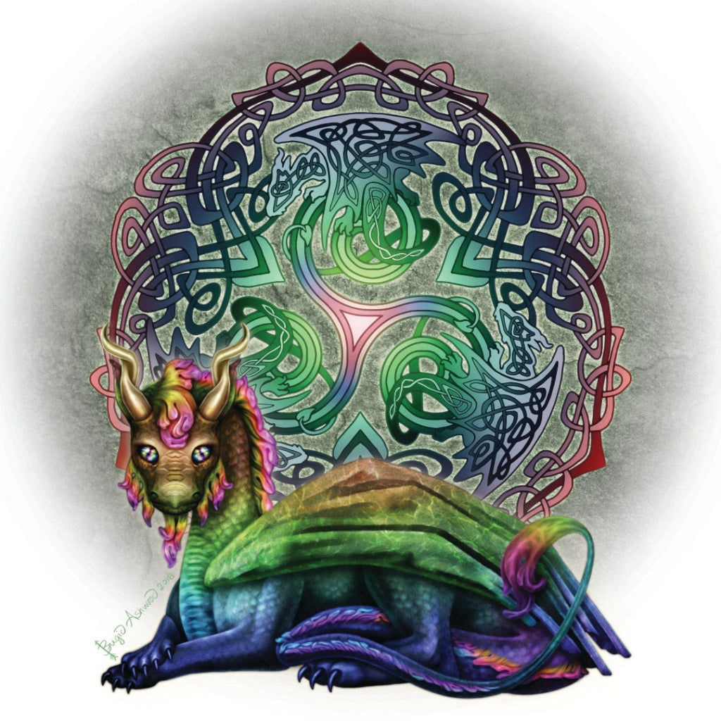 illustration of a vibrant, multicolored dragon reclining with its wings folded, set in front of an intricate Celtic knotwork mandala rendered in green, blue, and violet tones. stylized dragon figures are woven into the knot design behind the main dragon, forming a circular pattern with layered triskelion elements. Their bodies formed entirely from continuous over-and-under knot strands in shades of green, teal, and slate blue. this artwork is titled “Celtic Dragon” and created by artist Brigid Ashwood