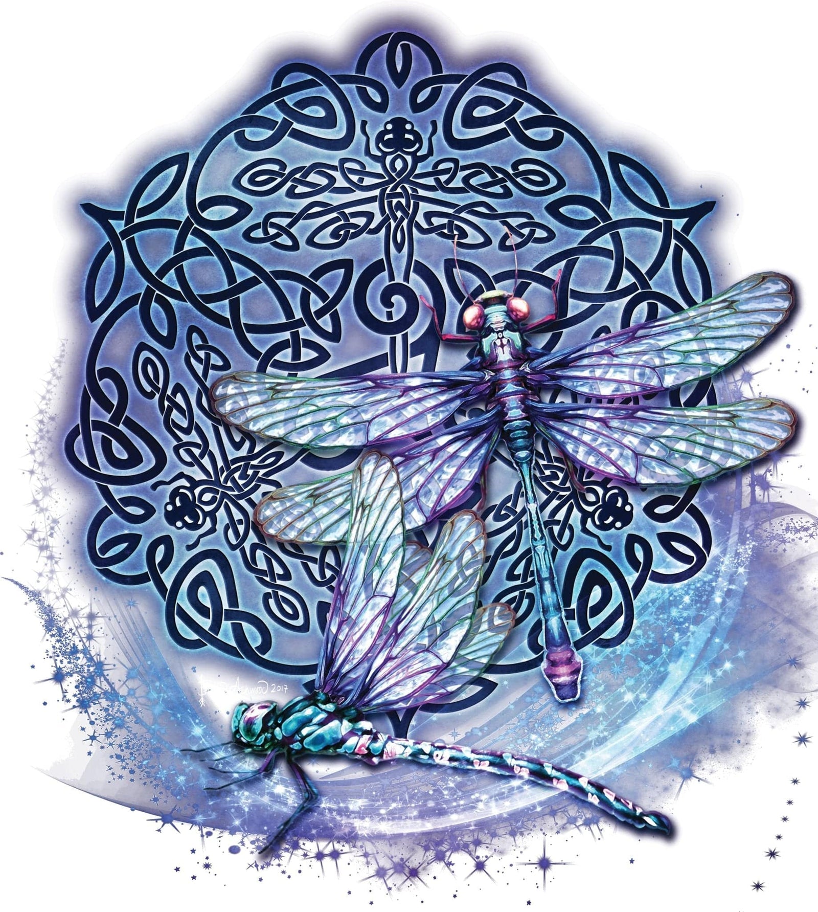 illustration of two detailed dragonflies with iridescent blue and purple wings set before an intricate Celtic knotwork mandala in cool blue tones. stylized dragonfly figures are woven into the knot design behind the main insects, surrounded by splattered paint textures and soft gradients. this artwork is titled “Celtic Dragonfly” and created by artist Brigid Ashwood