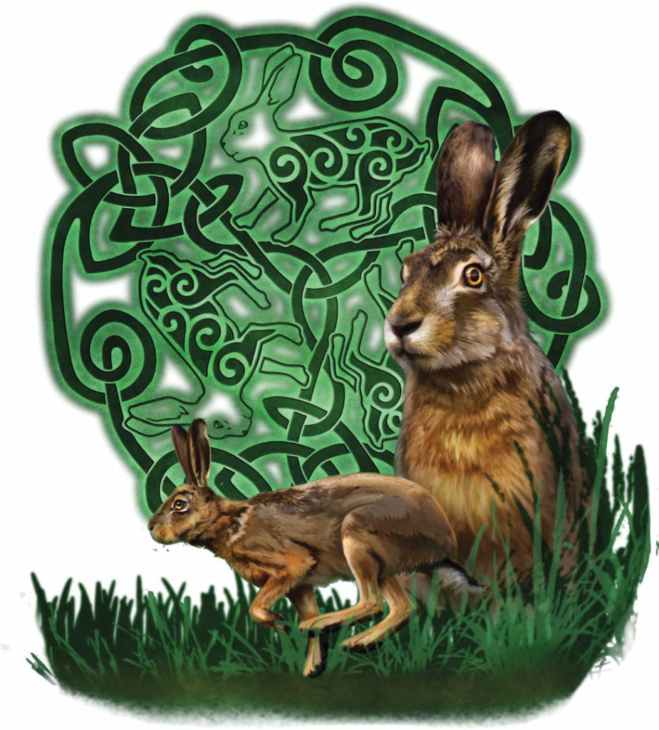 illustration of two realistic brown hares in tall green grass set before a circular green Celtic knot mandala. the knotwork forms three intertwined hare figures using continuous over-and-under bands and spiral motifs, glowing softly against a white background. one hare sits upright with long ears and an amber eye, while the other crouches low mid-step. detailed fur textures contrast with the layered, symbolic knot design. this artwork is titled “Celtic Hare” and created by artist Brigid Ashwood