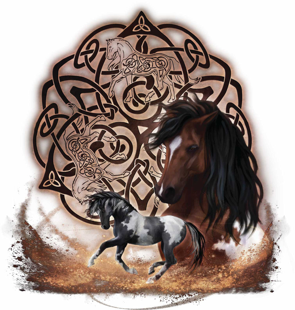 illustration of two horses set before an ornate brown Celtic knot mandala in smoky bronze earth tones. the circular knotwork weaves  three stylized horse figures from continuous over-and-under bands and triquetra-like sections. in the foreground, a large dark brown horse with a flowing black mane dominates one side, while a smaller black-and-white pinto horse trots through swirling dust and spark-like splatter. this artwork is titled “Celtic Horse” and created by artist Brigid Ashwood