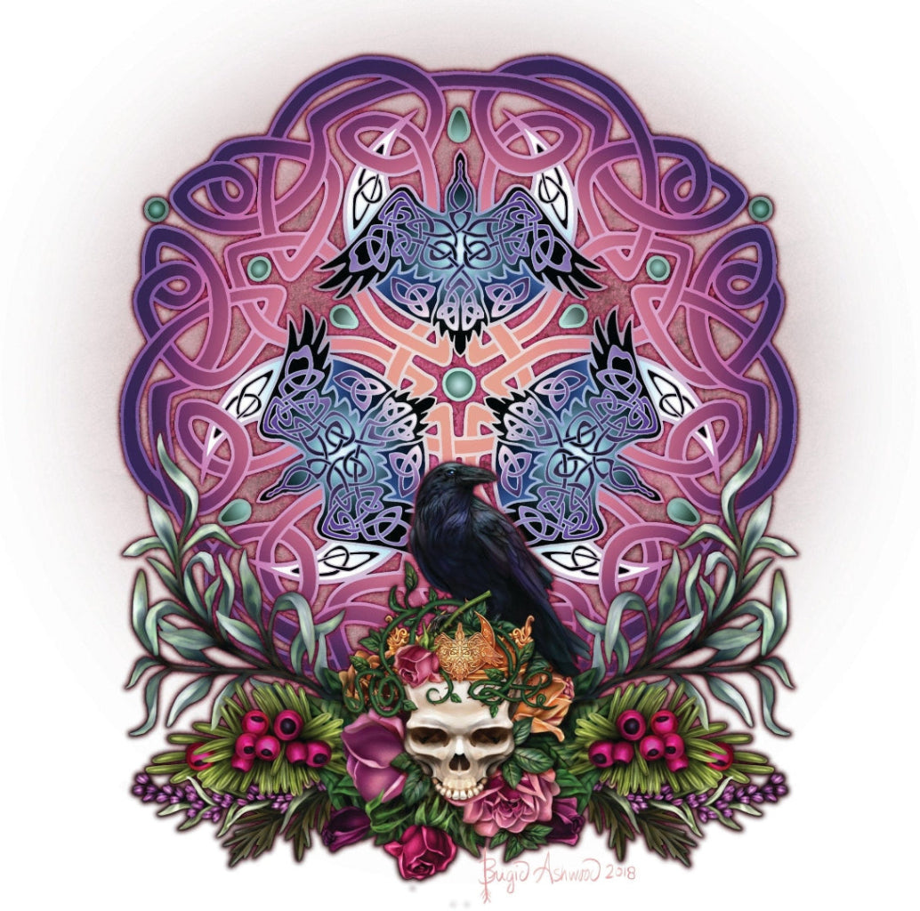 illustration of a black raven perched atop an ornate floral arrangement of roses, leaves, berries, and a human skull, set before a glowing purple and magenta Celtic knotwork mandala. the circular knot design weaves three stylized ravens from continuous over-and-under strands in a triadic pattern around a small green central node, forming a symmetrical backdrop. this artwork is titled “Celtic Morrigan’s Ravens” and created by artist Brigid Ashwood