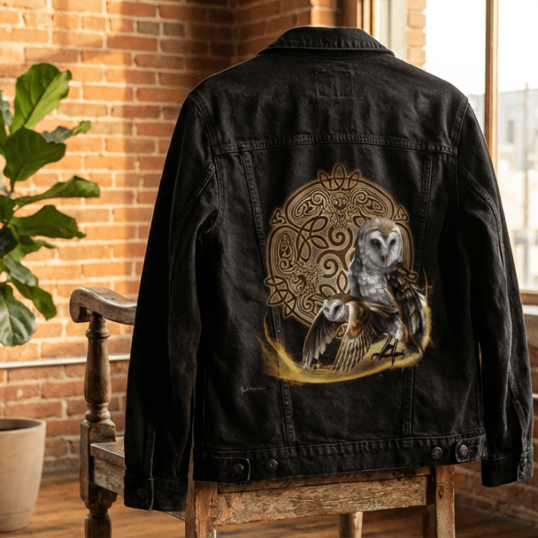 back view of a black denim jacket draped over a wooden chair inside a loft-style room, featuring the artwork “Celtic Owl” by Brigid Ashwood. the design shows two barn owls—one standing and one in flight—emerging from a glowing golden arc before a circular Celtic knot mandala with owl figures woven into the knotwork. exposed brick walls, large windows, a leather chair, and a potted plant frame the interior. the artwork is digitally printed on the jacket’s back panel by DenimINK.