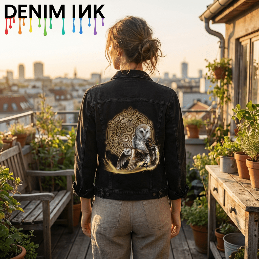 back view of a model standing on a rooftop garden overlooking a city skyline at sunset, wearing a black denim jacket featuring the artwork “Celtic Owl” by Brigid Ashwood. the design shows detailed barn owls set against a radiant gold Celtic knot mandala with owl figures hidden in the interlaced pattern. DenimINK branding appears above the scene.