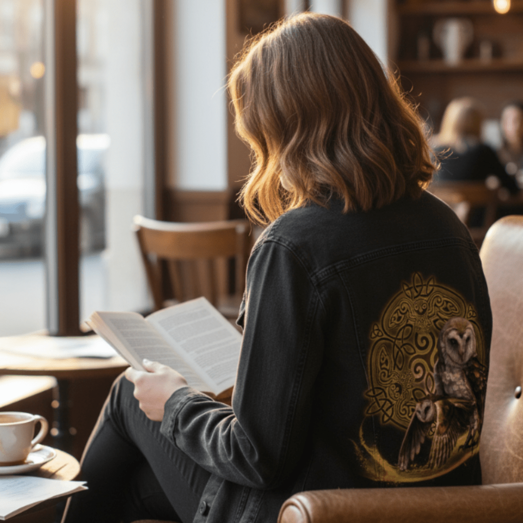 back view of a model seated in a leather café chair, reading a book while wearing a black denim jacket featuring the artwork “Celtic Owl” by Brigid Ashwood. the design shows two barn owls—one standing and one in flight—emerging from a glowing golden arc, layered over a circular Celtic knot mandala with subtle owl forms woven into the knotwork. the artwork is digitally printed on the jacket’s back panel by DenimINK.
