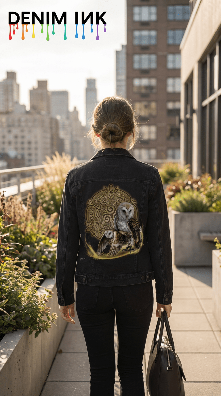 back view of a model walking along a rooftop pathway wearing a black denim jacket featuring the artwork “Celtic Owl” by Brigid Ashwood. the design shows two barn owls—one standing and one in flight—emerging from a glowing golden arc in front of a circular Celtic knot mandala with stylized owl figures woven into the knotwork. raised concrete planters line the path, tall city buildings rise in the background, and the model carries a black leather bag. the artwork is digitally printed on the jacket’s back pane