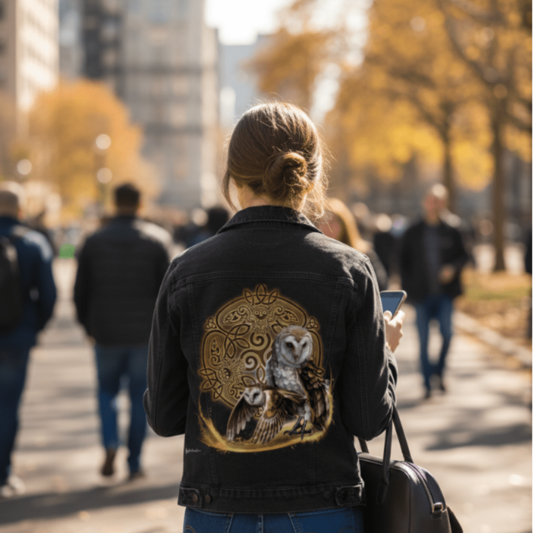 back view of a model walking along a tree-lined city path wearing a black denim jacket featuring the artwork “Celtic Owl” by Brigid Ashwood. the artwork depicts two barn owls emerging from a luminous gold sweep against a circular Celtic knot design with hidden owl figures integrated into the pattern. the artwork is digitally printed on the jacket’s back panel by DenimINK.