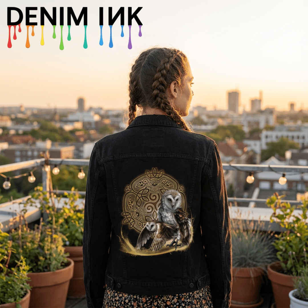 back view of a black denim jacket featuring the artwork “Celtic Owl” by Brigid Ashwood, worn on a rooftop garden at sunset with potted plants and softly glowing string lights framing a distant city skyline. the artwork shows two barn owls—one perched and one flying low—emerging from a luminous golden arc in front of an intricate circular Celtic knot mandala, with stylized owl faces and wings subtly woven into the knotwork. warm gold, bronze, and ivory tones stand out against the dark denim. the artwork is d