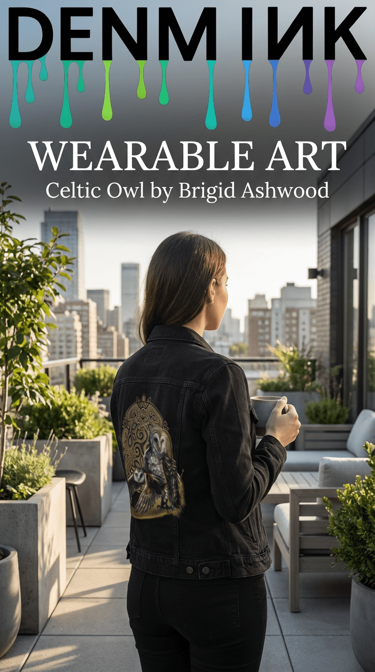 back view of a black denim jacket featuring the artwork “Celtic Owl” by Brigid Ashwood, worn on a modern rooftop lounge while holding a ceramic coffee cup. the artwork shows two barn owls—one perched and one flying low—emerging from a glowing golden arc in front of an intricate circular Celtic knot mandala with stylized owl faces and wings woven into the knotwork. gold, bronze, and ivory tones contrast against the dark denim as concrete planters, modern outdoor seating, and a city skyline frame the scene. 