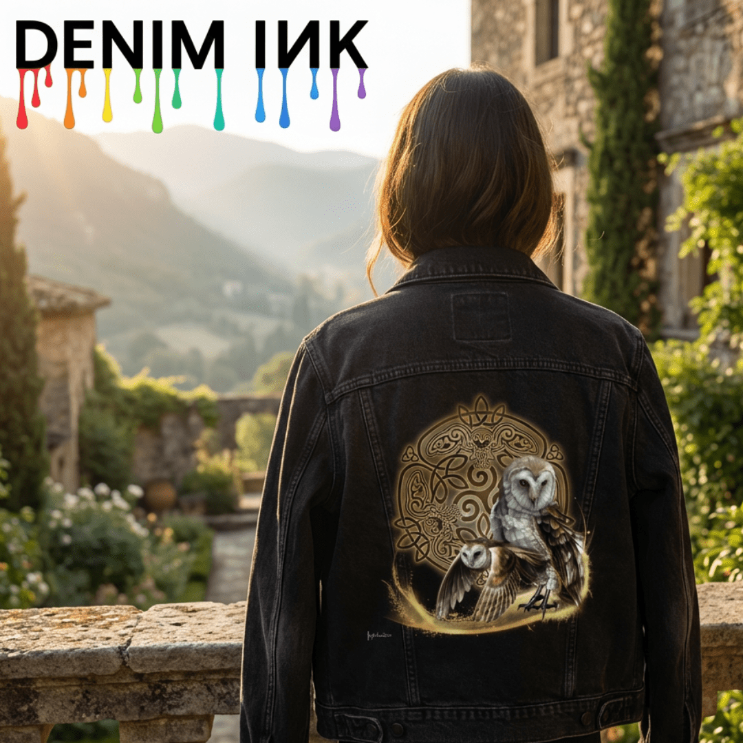 back view of a black denim jacket featuring the artwork “Celtic Owl” by Brigid Ashwood, worn while standing at a stone balcony overlooking a lush green valley and distant mountains. the artwork shows two barn owls—one standing alert and one flying low—emerging from a glowing golden arc before an intricate circular Celtic knot mandala with stylized owl faces and wings woven into the knotwork. warm gold, bronze, and ivory tones contrast against the dark denim. the artwork is digitally printed on the jacket’s 
