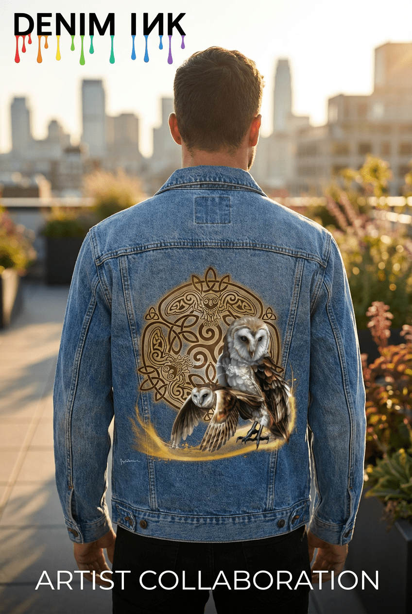 back view of a stonewash denim jacket featuring the artwork “Celtic Owl” by Brigid Ashwood, shown in a close, centered back-panel view on a rooftop garden with blurred skyline. the artwork depicts two barn owls—one perched with folded wings and one flying low—emerging from a glowing golden arc before an intricate circular Celtic knot mandala with subtle owl faces and wings woven into the knotwork. warm gold, bronze, and ivory tones stand out against the blue denim. visible overlay text reads “ARTIST COLLABO