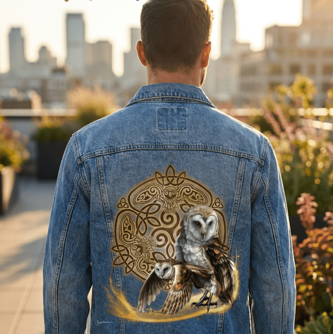 back view of a stonewash denim jacket featuring the artwork “Celtic Owl” by Brigid Ashwood, shown in a close, centered back-panel view on a rooftop garden with blurred skyline. the artwork depicts two barn owls—one perched with folded wings and one flying low—emerging from a glowing golden arc before an intricate circular Celtic knot mandala with subtle owl faces and wings woven into the knotwork. warm gold, bronze, and ivory tones stand out against the blue denim.