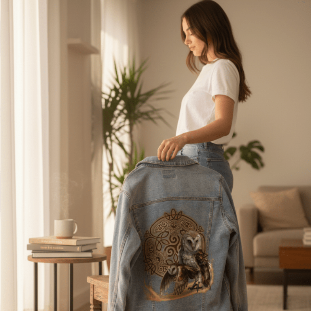 back view of a stonewash denim jacket draped over a wooden chair in a softly sunlit living room, featuring the artwork “Celtic Owl” by Brigid Ashwood printed on the back panel. the artwork depicts two barn owls framed by an ornate circular Celtic knot design in warm gold tones, with hidden owl shapes integrated into the interlaced pattern. the artwork is digitally printed on the jacket’s back panel by DenimINK.