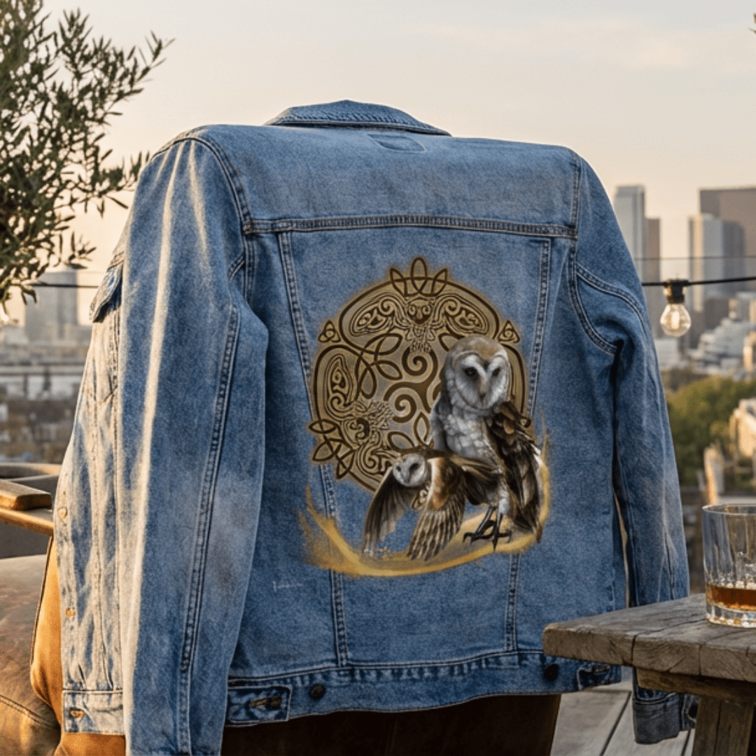 back view of a stonewash denim jacket draped over a cushioned yellow chair on a rooftop terrace at golden hour, featuring the artwork “Celtic Owl” by Brigid Ashwood. the design shows two barn owls—one standing and one in flight—emerging from a glowing golden arc before a circular Celtic knot mandala with owl figures woven into the knotwork. a wooden table holds a glass drink and a closed book, with string lights, potted trees, and a city skyline in the background.