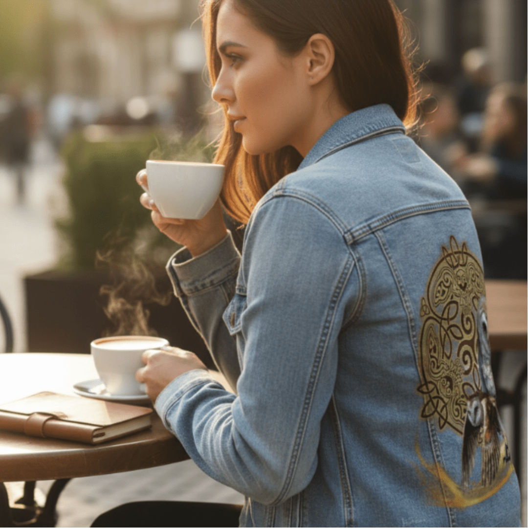 back and side view of a model seated at an outdoor café table, holding a steaming cup of coffee while wearing a stonewash denim jacket featuring the artwork “Celtic Owl” by Brigid Ashwood. the design shows luminous barn owls emerging from a golden sweep against a circular Celtic knot design containing hidden owl shapes. the artwork is digitally printed on the jacket’s back panel by DenimINK.