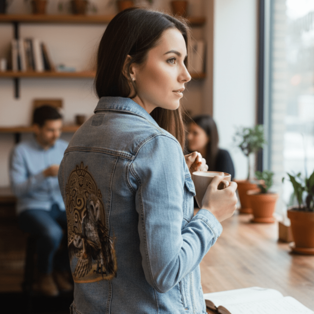 side and back view of a model standing at a café bar holding a ceramic cup of coffee while wearing a stonewash denim jacket featuring the artwork “Celtic Owl” by Brigid Ashwood. the design shows two barn owls—one standing and one in flight—emerging from a glowing golden arc, layered over a circular Celtic knot mandala with subtle owl figures woven into the knotwork. the artwork is digitally printed on the jacket’s back panel by DenimINK.