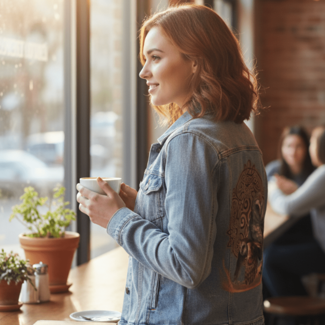 side and back view of a model standing at a café window holding a warm cup of coffee, wearing a stonewash denim jacket featuring the artwork “Celtic Owl” by Brigid Ashwood. the artwork depicts luminous barn owls layered over intricate golden Celtic knotwork containing hidden owl shapes. the design is digitally printed on the jacket’s back panel by DenimINK.
