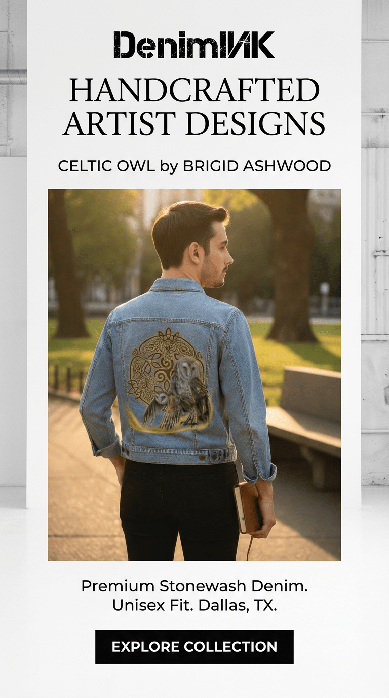 back view of a model standing in a sunlit city park wearing a stonewash denim jacket featuring the artwork “Celtic Owl” by Brigid Ashwood. the design shows two barn owls—one standing and one in flight—emerging from a glowing golden arc before a circular Celtic knot mandala with owl figures woven into the knotwork. the image includes promotional text reading “Handcrafted Artist Designs,” “Celtic Owl by Brigid Ashwood,” “Premium Stonewash Denim,” “Unisex Fit,” and “Explore Collection,” with DenimINK branding.