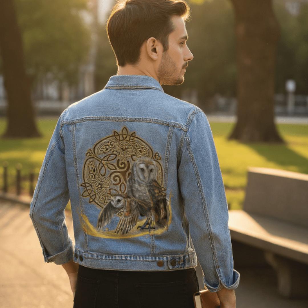 back view of a model standing in a sunlit park wearing a stonewash denim jacket featuring the artwork “Celtic Owl” by Brigid Ashwood. the artwork depicts two barn owls framed by ornate Celtic knotwork in warm gold tones, with stylized owl figures subtly integrated into the interlaced pattern. the artwork is digitally printed on the jacket’s back panel by DenimINK.