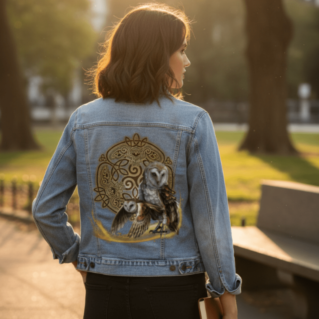 back view of a model standing in a sunlit city park wearing a stonewash denim jacket featuring the artwork “Celtic Owl” by Brigid Ashwood. the design shows two barn owls—one standing and one in flight—emerging from a glowing golden arc, set against a circular Celtic knot mandala with subtle owl figures woven into the knotwork. the artwork is digitally printed on the jacket’s back panel by DenimINK.