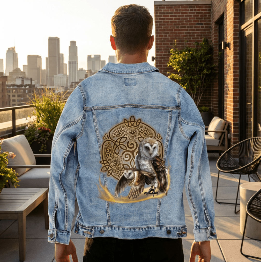 back view of a model standing on a rooftop patio at golden hour, wearing a stonewash denim jacket featuring the artwork “Celtic Owl” by Brigid Ashwood. the design shows two barn owls—one standing and one in flight—emerging from a glowing golden arc in front of a circular Celtic knot mandala with owl figures woven into the knotwork. modern outdoor chairs, planters, brick walls, and a city skyline appear in the background.