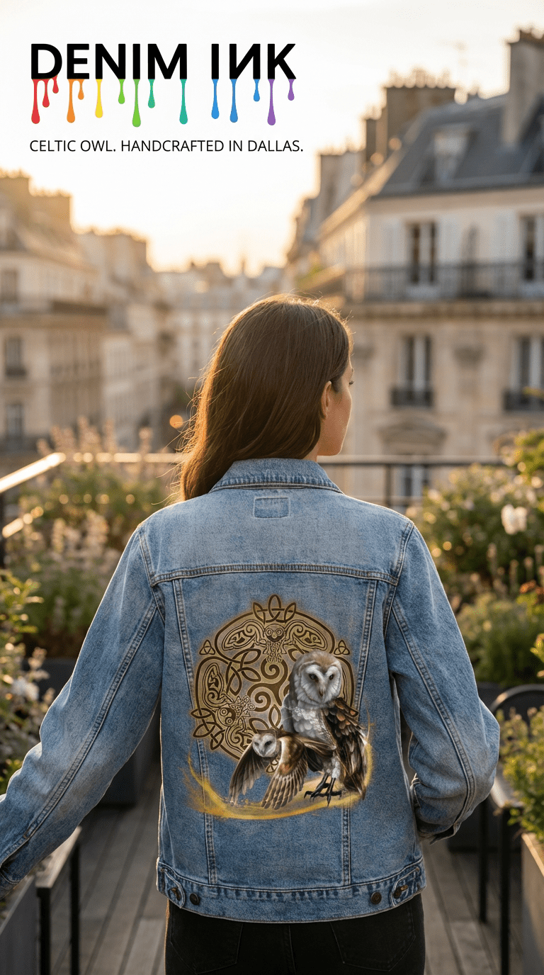 back view of a model standing on a rooftop terrace at golden hour, wearing a stonewash denim jacket featuring the artwork “Celtic Owl” by Brigid Ashwood. the design shows two barn owls—one standing and one in flight—emerging from a glowing golden arc before a circular Celtic knot mandala with stylized owl figures woven into the knotwork. classic European buildings and potted greenery fill the background. the artwork is digitally printed on the jacket’s back panel by DenimINK.