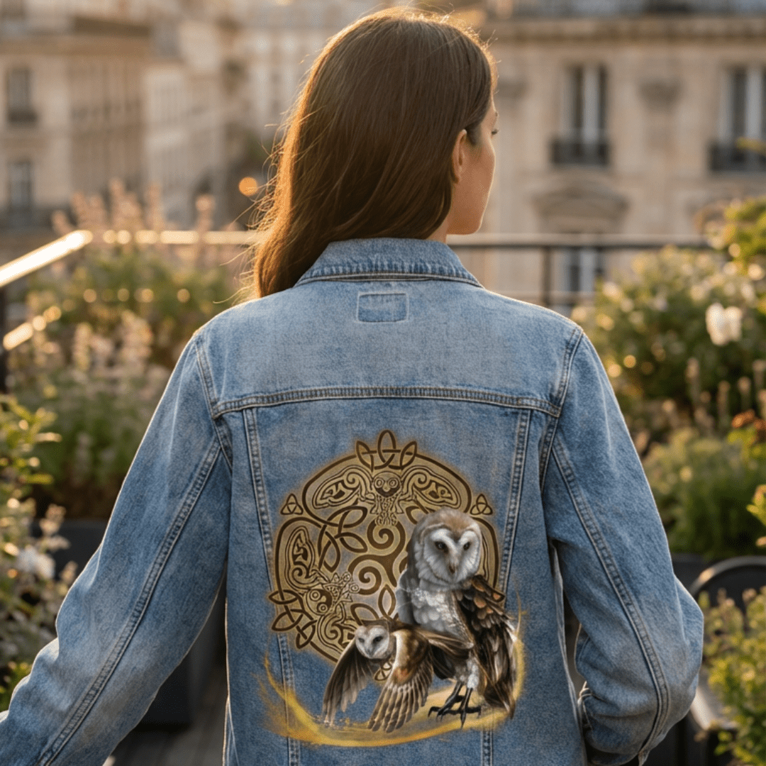 back view of a model standing on a rooftop terrace at golden hour, wearing a stonewash denim jacket featuring the artwork “Celtic Owl” by Brigid Ashwood. the design shows two barn owls—one standing and one in flight—emerging from a glowing golden arc before a circular Celtic knot mandala with stylized owl figures woven into the knotwork. classic European buildings and potted greenery fill the background. the artwork is digitally printed on the jacket’s back panel by DenimINK.