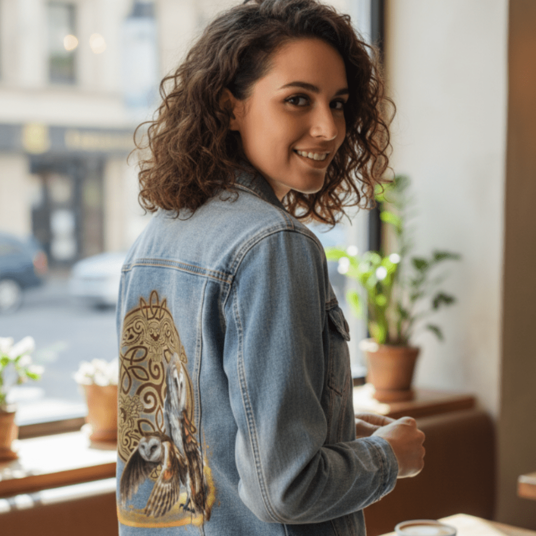three-quarter back view of a model turning and smiling inside a café while wearing a stonewash denim jacket featuring the artwork “Celtic Owl” by Brigid Ashwood. the image shows two detailed barn owls framed by a circular Celtic knot design with stylized owl figures subtly integrated into the interlaced pattern. the artwork is digitally printed on the jacket’s back panel by DenimINK.