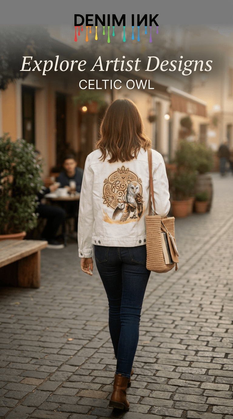 back view of a model walking down a narrow cobblestone street past an outdoor café, wearing a stonewash denim jacket featuring the artwork “Celtic Owl” by Brigid Ashwood. the design shows two barn owls—one standing and one in flight—emerging from a glowing golden arc before a circular Celtic knot mandala with owl figures woven into the knotwork. the model carries a woven shoulder bag as café tables, potted plants, and blurred diners line the street, with overlay text reading “Wearable Art. Premium Denim.” a