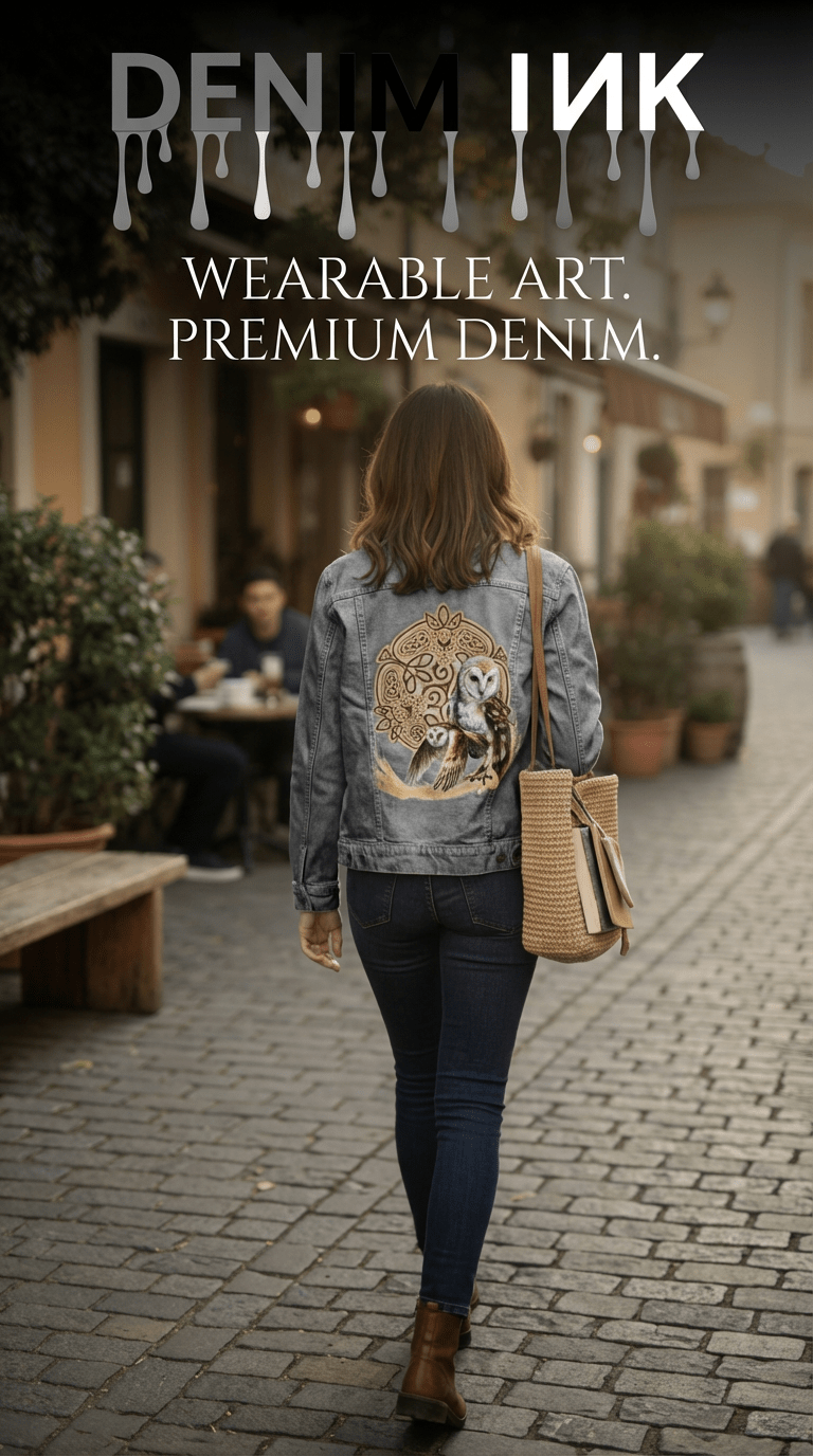 back view of a model walking along a narrow cobblestone street lined with outdoor café tables and potted greenery, wearing a stonewash denim jacket featuring the artwork “Celtic Owl” by Brigid Ashwood. the design shows two barn owls—one standing and one in flight—emerging from a glowing golden arc in front of a circular Celtic knot mandala with owl figures woven into the knotwork. the model carries a woven shoulder bag as softly blurred café patrons and warm storefront lights fill the background. visible ov