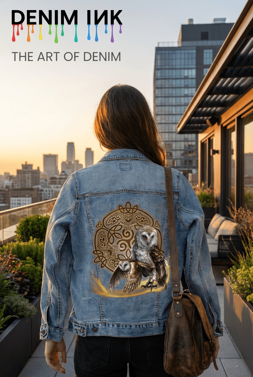 back view of a stonewash denim jacket featuring the artwork “Celtic Owl” by Brigid Ashwood, worn on a rooftop terrace at golden hour with a city skyline in the distance. the artwork shows two barn owls—one perched and one in flight—emerging from a glowing golden arc before an intricate circular Celtic knot mandala, with stylized owl faces and wings subtly woven into the knotwork. warm gold, brown, and ivory tones contrast against the blue denim. the artwork is digitally printed on the jacket’s back panel by