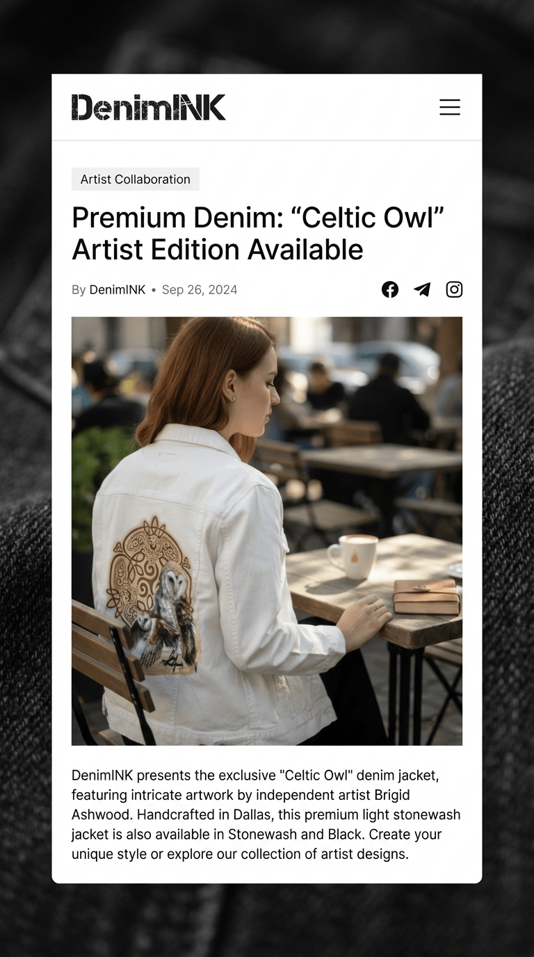 back view of a model seated at an outdoor café table wearing a white denim jacket featuring the artwork “Celtic Owl” by Brigid Ashwood. the artwork shows two barn owls—one standing and one in flight—emerging from a glowing golden arc before a circular Celtic knot mandala with owl figures woven into the knotwork. the image appears within a DenimINK article page titled “Premium Denim: ‘Celtic Owl’ Artist Edition Available,” with visible text, social icons, a coffee cup, notebook, and blurred café patrons in t