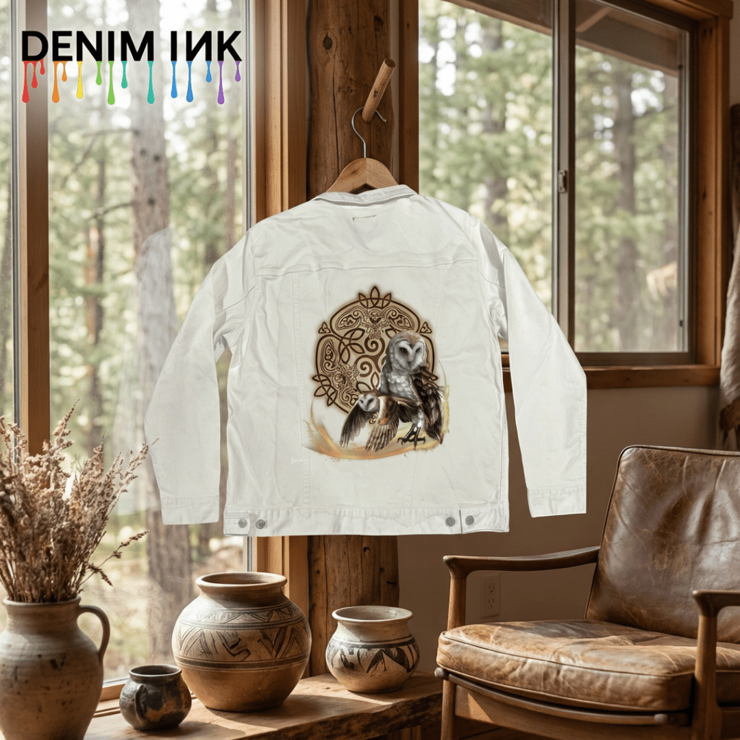 back view of a white denim jacket hanging from a wooden hook inside a sunlit room, featuring the artwork “Celtic Owl” by Brigid Ashwood. the design shows two barn owls—one standing and one in flight—emerging from a glowing golden arc before a circular Celtic knot mandala with owl figures woven into the knotwork. large windows reveal a forested view, with ceramic pots, dried florals, and a leather chair arranged below.